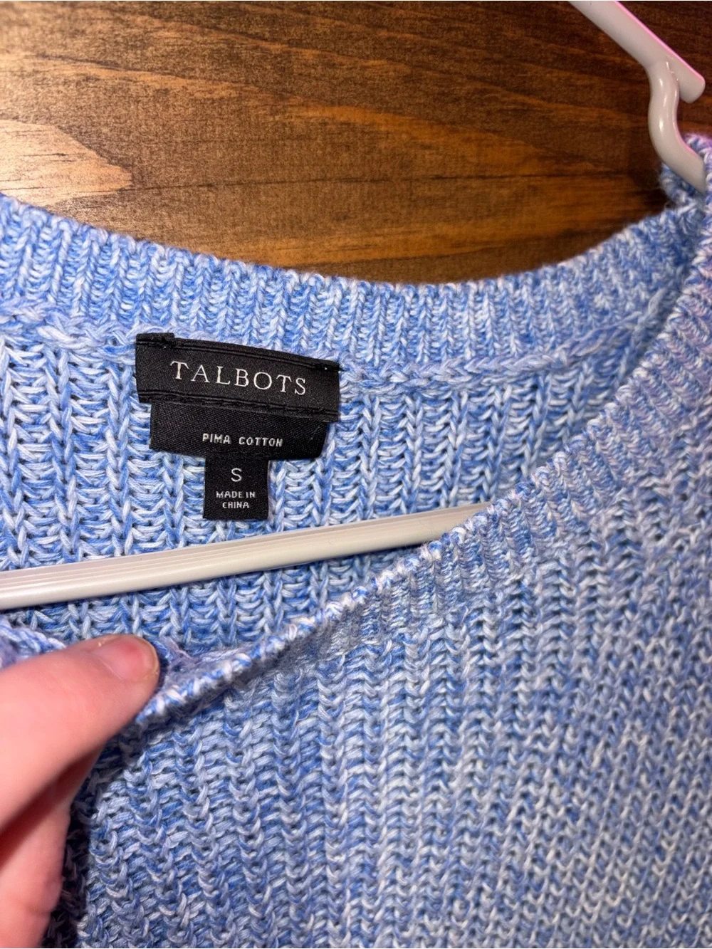 Talbots 2 in 1 layered Light Blue Marled Pima Cotton Crew Sweater with gingham